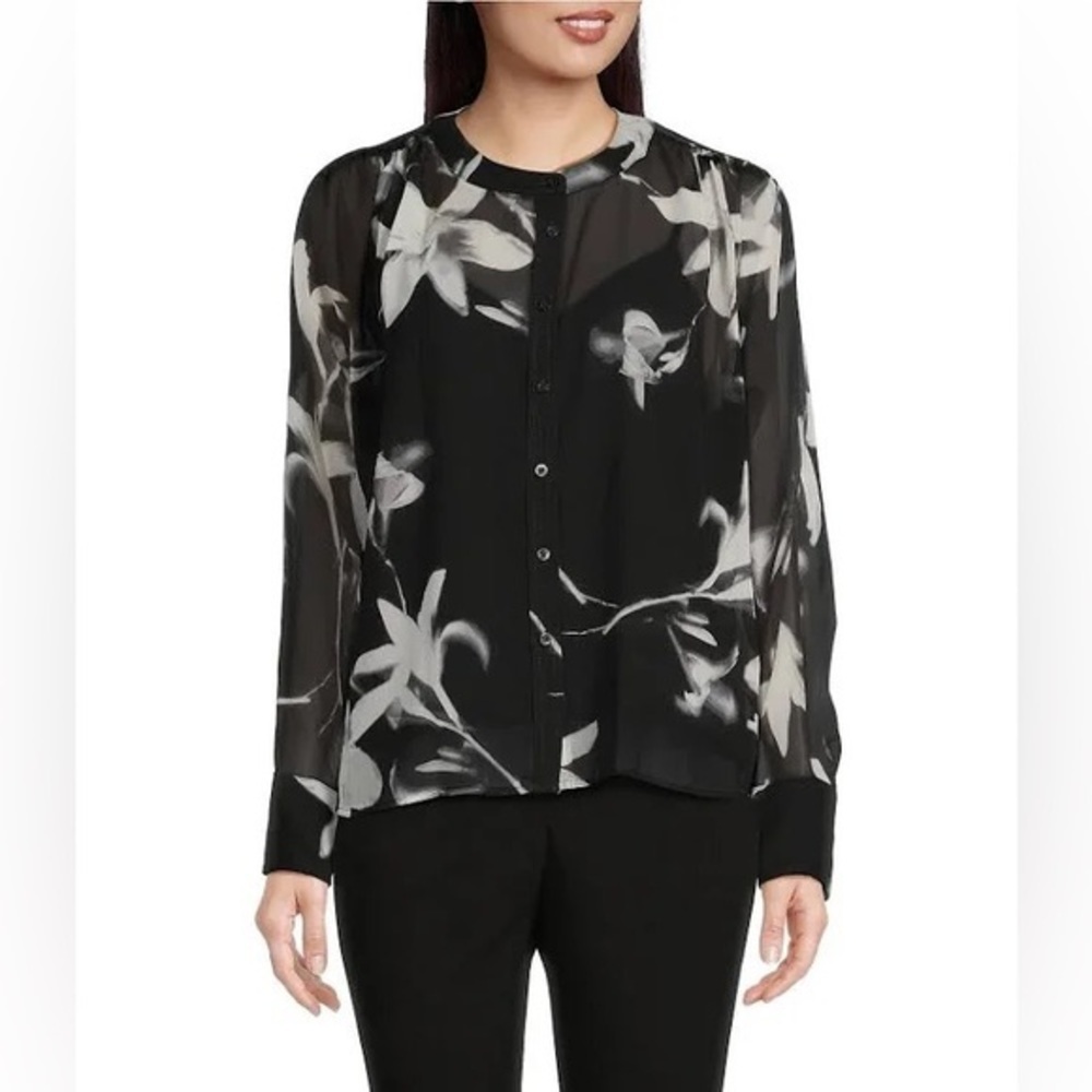 Calvin Klein Floral Print Chiffon Mock Neck Long Sleeve Button Front Blouse NWT​